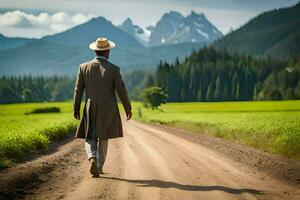 une homme dans une costume et chapeau des promenades vers le bas une saleté route. généré par ai photo