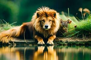 une Lion et une Souris sont séance par le l'eau. généré par ai photo