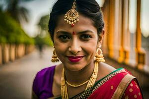 une femme dans une sari pose pour une portrait. généré par ai photo