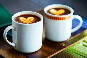 deux café tasses avec cœur en forme de latté art sur eux. généré par ai photo