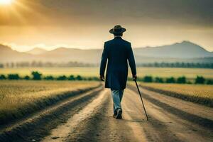 une homme dans une costume en marchant vers le bas une saleté route. généré par ai photo