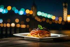 spaghetti avec noir truffe et noir truffe sauce sur une plaque. généré par ai photo