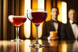 deux des lunettes de du vin sur une bar comptoir. généré par ai photo