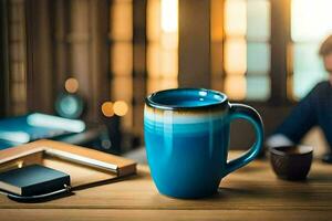 une bleu agresser séance sur une table suivant à une livre. généré par ai photo