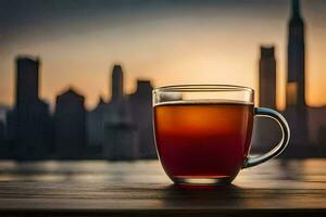 une tasse de thé dans de face de le ville ligne d'horizon. généré par ai photo