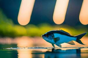 une poisson est permanent sur le l'eau avec une lumière Contexte. généré par ai photo