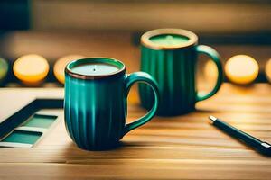 deux vert café des tasses avec bougies sur une tableau. généré par ai photo