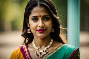 une femme dans une coloré sari avec une Collier et des boucles d'oreilles. généré par ai photo