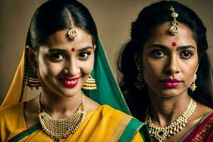 deux femmes dans traditionnel saris posant pour le caméra. généré par ai photo