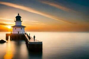 une phare des stands sur une jetée à le coucher du soleil. généré par ai photo