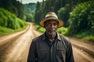 une homme dans une chapeau permanent sur une saleté route. généré par ai photo