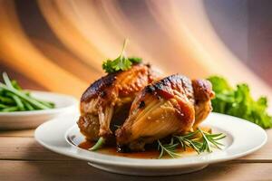 deux poulet les seins sur une assiette avec vert haricots. généré par ai photo