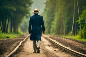 une homme dans une chapeau et costume en marchant sur une train piste. généré par ai photo