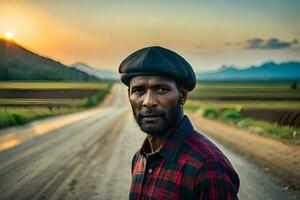 une homme portant une chapeau des stands sur une saleté route. généré par ai photo