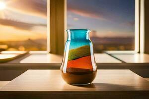 une coloré vase séance sur une table avec une vue de le le coucher du soleil. généré par ai photo