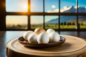 des œufs sur une assiette dans de face de une la fenêtre. généré par ai photo