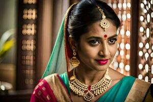 une magnifique Indien la mariée dans traditionnel tenue. généré par ai photo