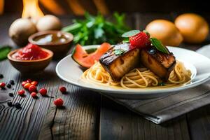 une assiette de spaghetti avec Viande et sauce. généré par ai photo