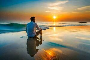 une homme séance sur le plage à le coucher du soleil. généré par ai photo