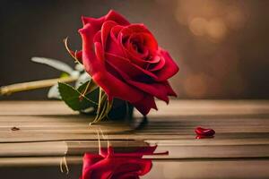 une Célibataire rouge Rose sur une en bois table avec l'eau gouttelettes. généré par ai photo