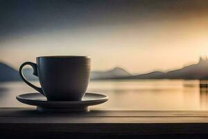 café tasse sur le tableau, lac, montagnes, lever du soleil, le lac, le montagnes,. généré par ai photo