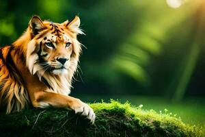 une tigre est séance sur le herbe dans le forêt. généré par ai photo