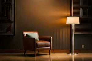une chaise et lampe dans une pièce avec marron des murs. généré par ai photo