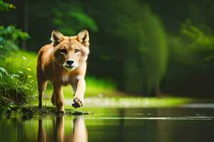 une Loup en marchant à travers le l'eau dans le forêt. généré par ai photo