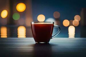 une tasse de thé sur une table dans de face de une ville. généré par ai photo