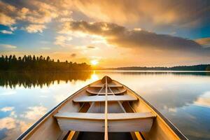 le bateau est sur le calme l'eau à le coucher du soleil. généré par ai photo
