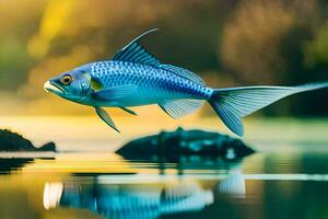 une poisson est en volant plus de l'eau dans le Matin. généré par ai photo