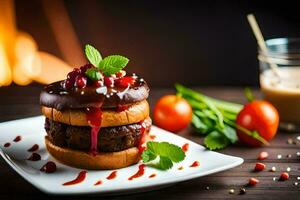 une Hamburger avec Chocolat sauce et Cerise tomates. généré par ai photo