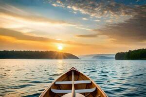 une canoë sur le l'eau à le coucher du soleil. généré par ai photo