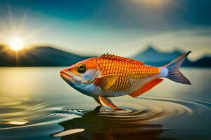 une poisson est permanent sur le l'eau avec le Soleil dans le Contexte. généré par ai photo