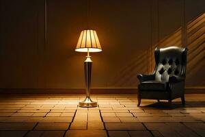 une chaise et lampe dans une pièce avec une mur. généré par ai photo