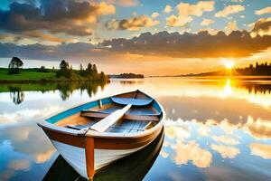 une bateau sur le l'eau à le coucher du soleil. généré par ai photo