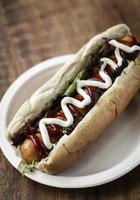 hot-dog classique avec saucisse de Francfort et sauces photo