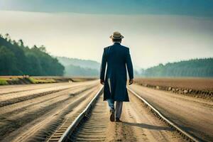 une homme dans une chapeau et manteau en marchant sur chemin de fer des pistes. généré par ai photo