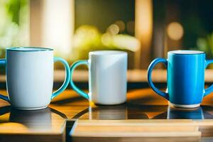 Trois café des tasses sur une tableau. généré par ai photo