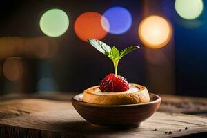 une dessert dans une bol avec une fraise sur Haut. généré par ai photo