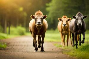 Trois vaches en marchant vers le bas une saleté route. généré par ai photo