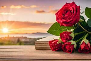 des roses sur une table avec une livre et le coucher du soleil. généré par ai photo