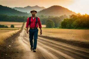 une homme dans une rouge chemise et chapeau en marchant vers le bas une saleté route. généré par ai photo