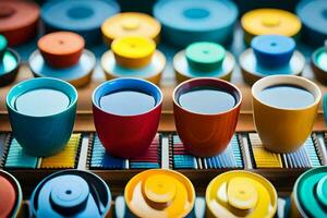 coloré tasses et soucoupes sont arrangé sur une tableau. généré par ai photo