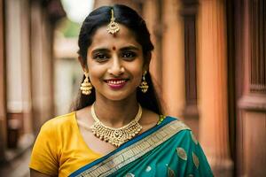 une femme dans une sari souriant pour le caméra. généré par ai photo