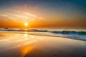 le Soleil monte plus de le océan et vagues sur une plage. généré par ai photo