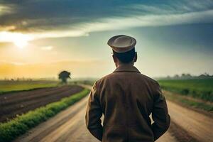 une homme dans une chapeau des stands sur une saleté route. généré par ai photo