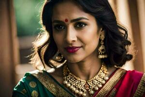 une femme dans une traditionnel sari avec or bijoux. généré par ai photo