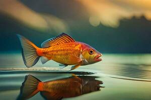 une poisson est réfléchi dans le l'eau à le coucher du soleil. généré par ai photo