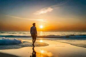 une homme en marchant sur le plage à le coucher du soleil. généré par ai photo